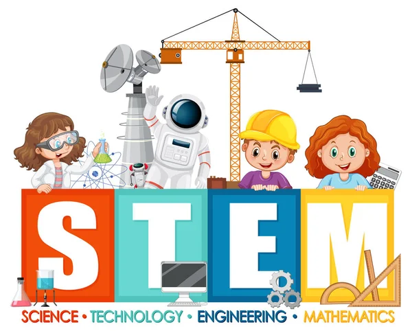 Stem Education Logo Banner Kids Cartoon Character Illustration — Stock Vector