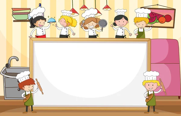 厨房插图中有许多小厨师的空白横幅 — 图库矢量图片