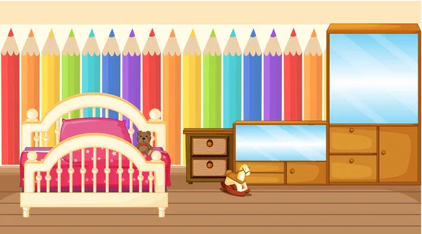 Kids Bedroom Interior Design Furniture Rainbow Wallpaper Illustration — Stock Vector