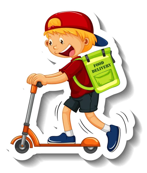 Scooter Illustration Kullanan Teslimatçı Çocuğun Olduğu Bir Etiket Şablonu — Stok Vektör
