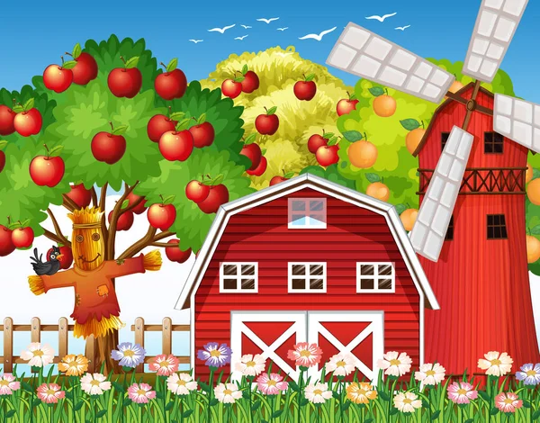 带有红色谷仓和风车插图的农场场景 — 图库矢量图片