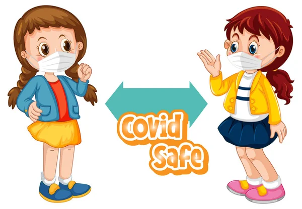 Covid Safe Schrift Cartoon Stil Mit Zwei Kindern Die Soziale — Stockvektor