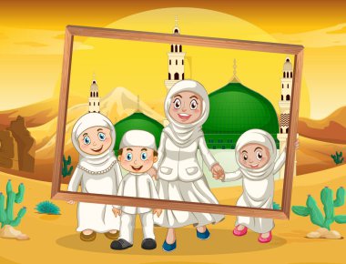 Arka planda cami olan mutlu bir aile fotoğrafı tutuyor.