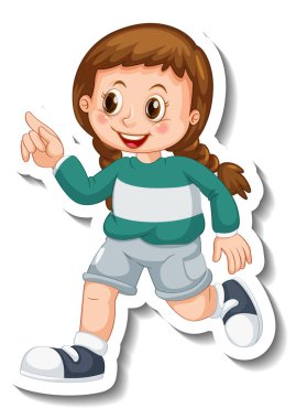 Çıkartma şablonu ile bir kız spor ayakkabısı giyiyor. Çizgi film karakteri izole edilmiş.