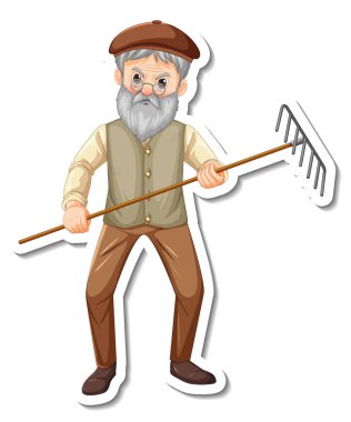 Bir bahçıvan ile çıkartma şablonu yaşlı adam tırmık tutma aracı münferit illüstrasyon tutar