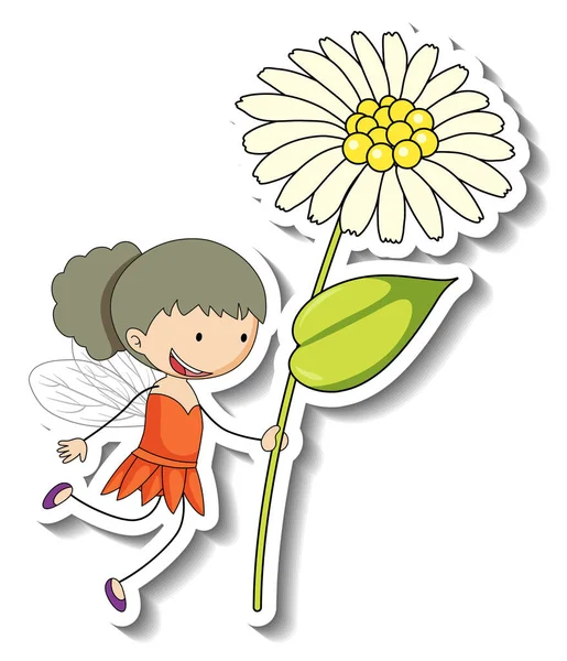 带有仙女卡通人物的贴纸模板 上面挂着一个与花朵隔离的插图 — 图库矢量图片