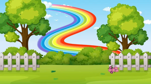 Natuurpark Scene Achtergrond Met Regenboog Lucht Illustratie — Stockvector