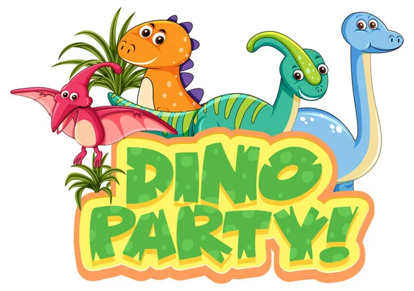 Cute Dinozaury Postać Kreskówek Dino Party Czcionek Banner Ilustracja — Wektor stockowy
