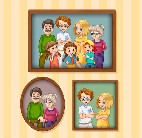 Set Von Glücklichen Familienfotos Auf Dem Holzrahmen Illustration — Stockvektor