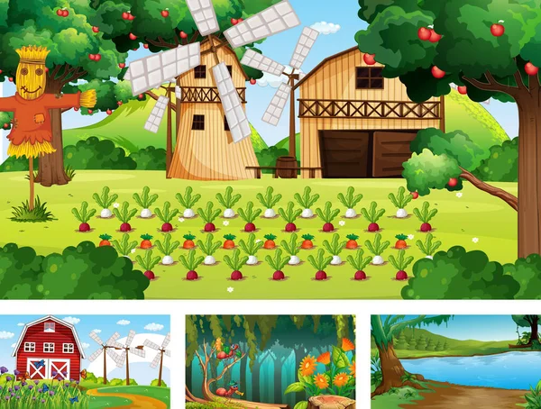 Cuatro Naturaleza Diferente Escena Horizontal Ilustración — Vector de stock