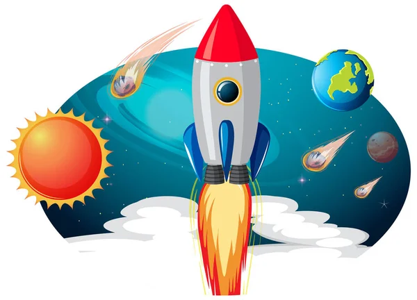Rocket Ship Many Planets Asteroids Illustration — Stock Vector