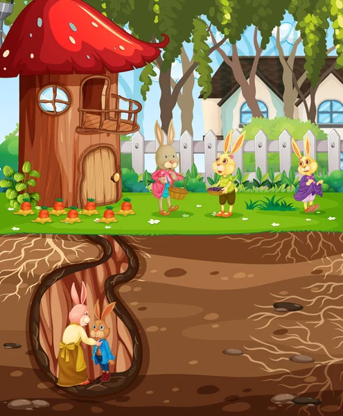 庭の風景図の地面を持つ地下ウサギの穴 — ストックベクタ