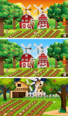 Yaşlı çiftçi ve hayvan çizgi film karakteri resimlerinin olduğu farklı çiftlik sahneleri.