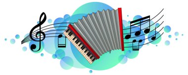 Gökyüzünde melodi sembolleri olan akordeon müzik enstrümanı mavi leke çizimi