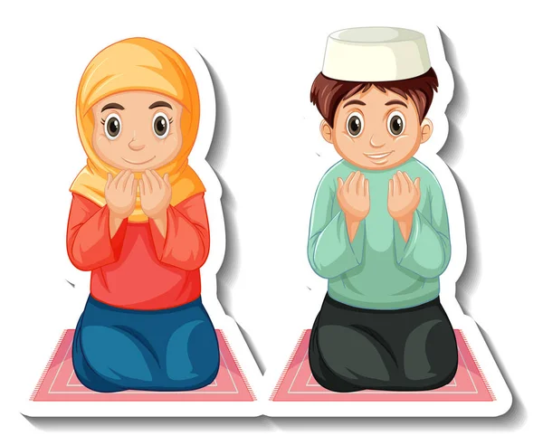 一个贴有穆斯林男孩和女孩祈祷图解的贴纸模板 — 图库矢量图片