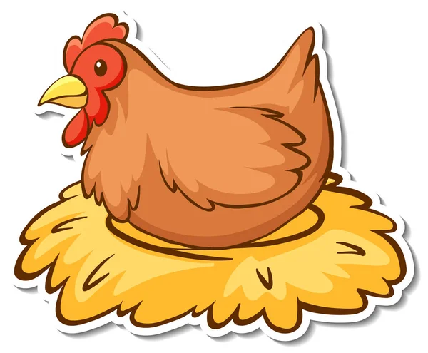 Chicken Sitting Hay Sticker Illustration — Stock Vector