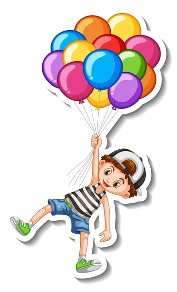 Szablon Naklejki Chłopcem Latającym Wieloma Balonami Odizolowana Ilustracja — Wektor stockowy
