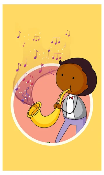 音楽のメロディー記号でサックスを演奏する男の落書き漫画のキャラクターイラスト — ストックベクタ