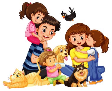 Beyaz arkaplanda evcil hayvanları olan mutlu bir aile.