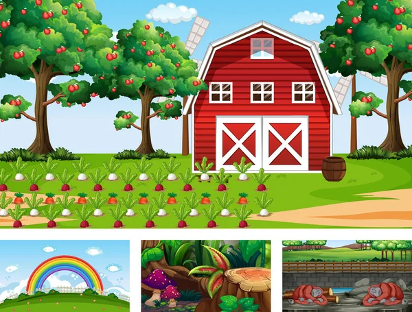 Cuatro Naturaleza Diferente Escena Horizontal Ilustración — Vector de stock