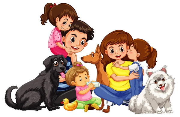 Lycklig Familj Med Sina Husdjur Vit Bakgrund Illustration — Stock vektor