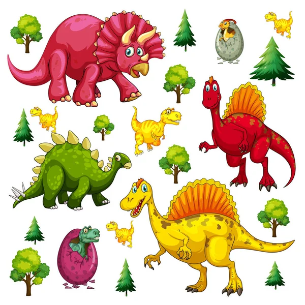 Conjunto Vários Dinossauros Isolados Personagem Cartoon Sobre Fundo Branco Ilustração — Vetor de Stock