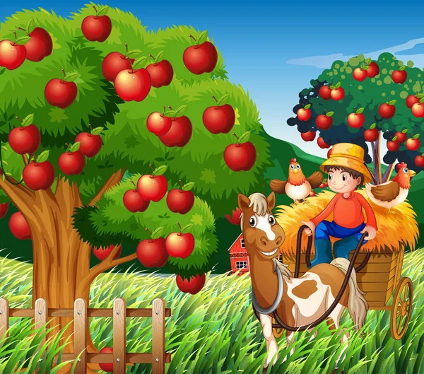Farm Scene Farmer Boy Horse Vehicle Illustration — Stock Vector