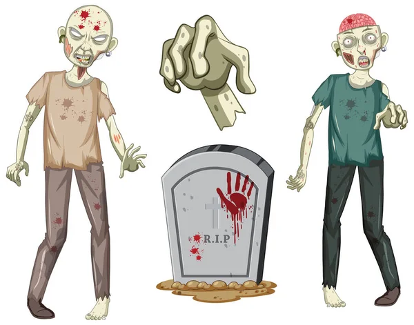 Creepy Zombie Character Gravestone White Background Illustration — Stock Vector