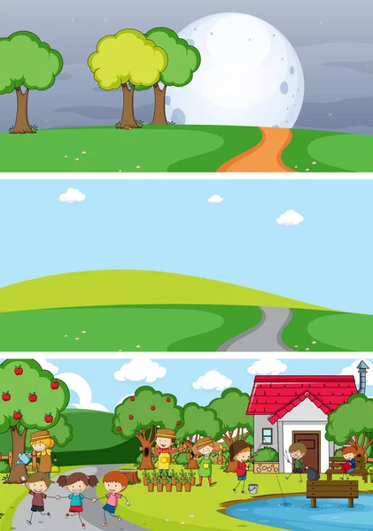 ドアの子供の漫画のキャラクターイラストと異なる水平線のシーンの背景のセット — ストックベクタ