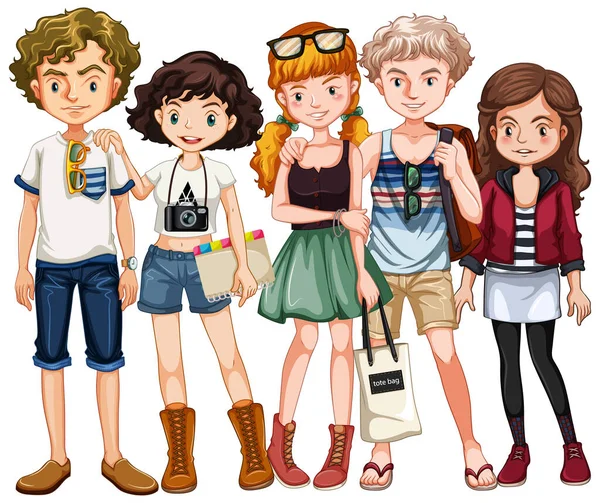 Gruppo Adolescente Costume Casual Illustrazione — Vettoriale Stock