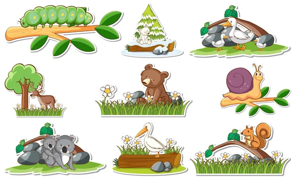 Aufkleber Set Mit Verschiedenen Wildtieren Und Naturelementen Illustration — Stockvektor