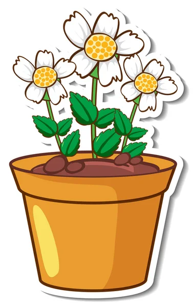 Wit Gras Bloemen Een Pot Sticker Illustratie — Stockvector