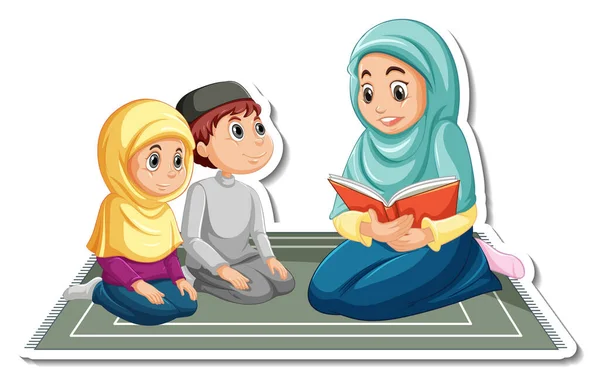 Sticker Template Muslim People Mother Reading Book Her Children Illustration — Stock Vector