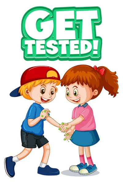 Two Kids Cartoon Character Keep Social Distance Get Tested Font — Stock Vector