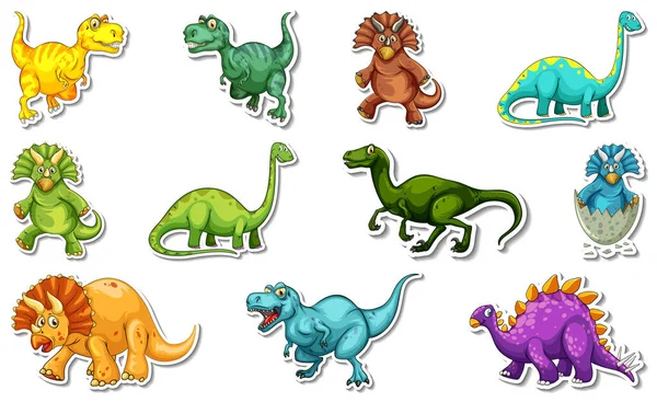 Klistermärke Set Med Olika Typer Dinosaurier Tecknade Tecken Illustration — Stock vektor