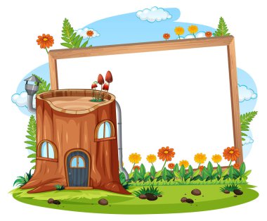 Fantezi ahşap ev illüstrasyonlu boş pankart