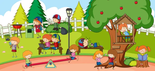 Cena Parque Infantil Com Muitas Crianças Doodle Desenho Animado Personagem — Vetor de Stock