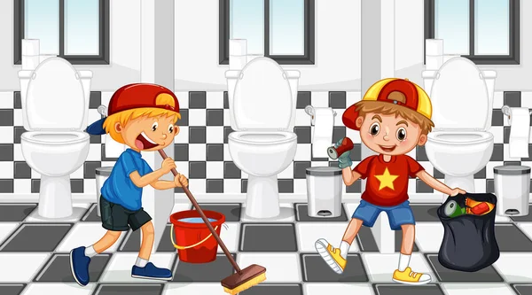 Umumi Tuvalet Sahnesinde Iki Çocuk Tuvalet Resimlerini Temizliyor — Stok Vektör
