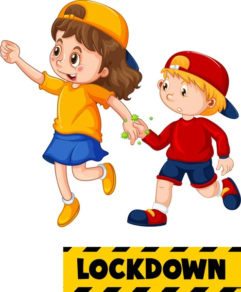 Lockdown Font Cartoon Style Two Kids Keep Social Distance Isolated — Stock Vector