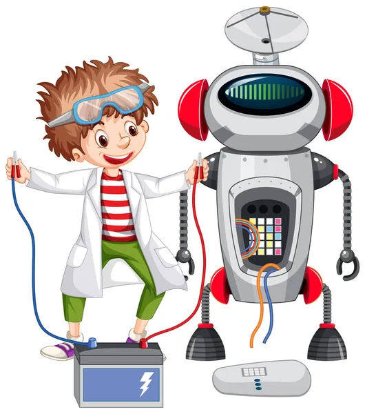 Robot Construcción Niño Feliz Sobre Fondo Blanco Ilustración — Vector de stock