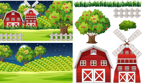 Farm Element Set Isolated Farm Scene Illustration — Stock Vector