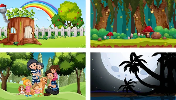 Τέσσερις Διαφορετικές Σκηνές Παιδιά Εικονογράφηση Χαρακτήρα Κινουμένων Σχεδίων — Διανυσματικό Αρχείο