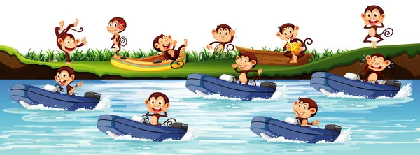 Lot Monkeys Riding Motor Boat River Illustration — Stock Vector