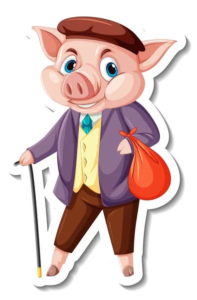 Sticker Template Pig Wearing Suit Costume Cartoon Character Isolated Illustration — Stock Vector