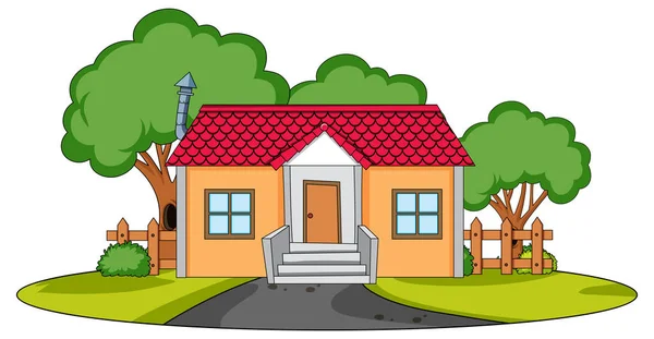 白い背景のイラストに自然要素のある家の正面図 — ストックベクタ