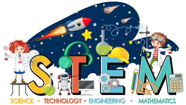 Logo Educación Stem Con Niños Científicos Ilustración Del Tema Galaxia — Vector de stock