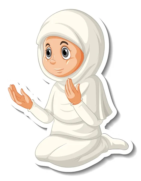 Sticker Template Muslim Girl Praying Cartoon Character Illustration — Stock Vector