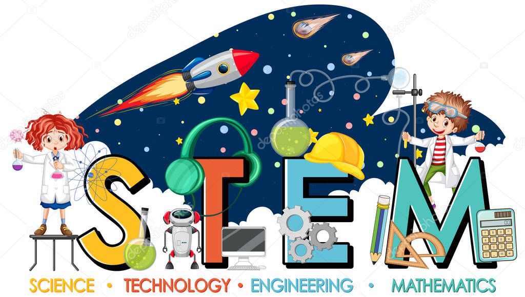 STEM education logo with scientist kids in galaxy theme illustration