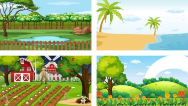 Dört farklı doğa yatay sahne illüstrasyonu