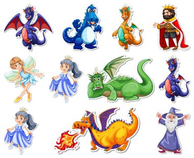 Farklı peri masalı karakter çizimleri içeren etiket seti